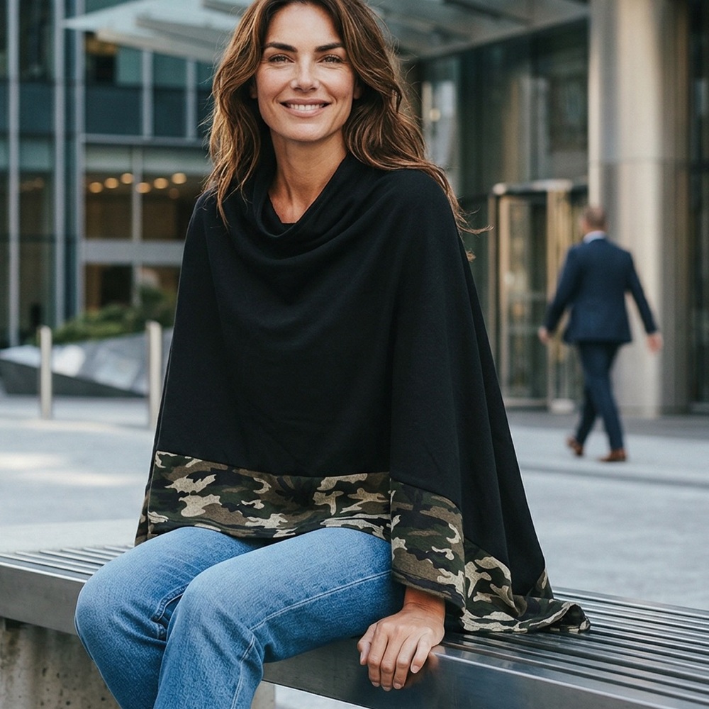 Black Poncho Top with Camo Trim - Women